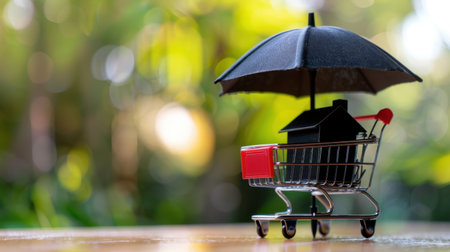 A creative depiction of a miniature shopping cart featuring a small house and umbrella, symbolizing the themes of homeownership, insurance, and financial planning in a natural setting.の素材