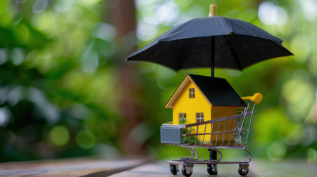 A vibrant image featuring a miniature yellow house on a shopping cart under a black umbrella. This creative concept symbolizes safety and investment in real estate amidst natural greenery.の素材