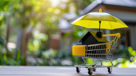 A shopping cart holds a miniature house and a yellow umbrella, symbolizing home protection and investment in a vibrant outdoor environment, ideal for financial concepts.の素材