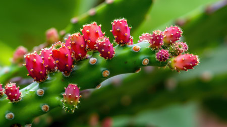 A stunning close-up image showcasing colorful cactus fruit growing on a spiny green stem against a soft green background, highlighting the beauty of nature and biodiversity.の素材