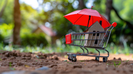 A small shopping cart holds a house model under a red umbrella, highlighting themes of protection and home security in a serene outdoor setting. Ideal for lifestyle and finance concepts.の素材