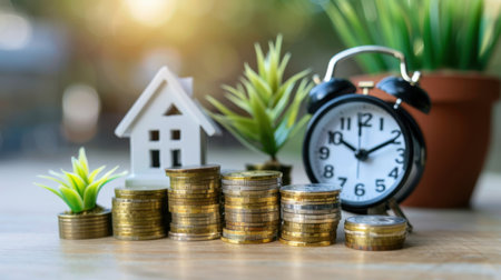 A visually appealing arrangement of coins, a house model, an alarm clock, and indoor plants symbolizes financial planning, investment growth, and the value of time in personal finance.の素材