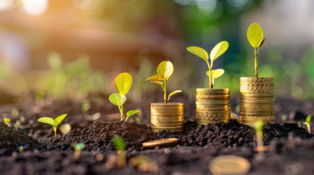 A close-up image featuring coins stacked in soil with green seedlings sprouting, symbolizing the connection between financial growth and sustainable practices in nature.の素材
