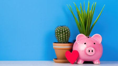 A charming scene featuring a cute pink piggy bank beside a cactus and a lush green plant against a vivid blue background, symbolizing savings and nurturing investments with love.の素材