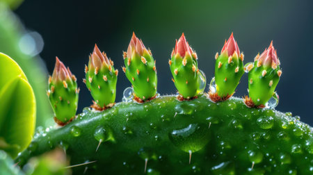This image captures the intricate details of vibrant cactus buds adorned with water droplets, highlighting nature's beauty and freshness in a close-up macro perspective.の素材