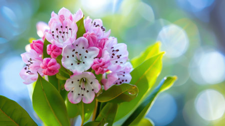 A stunning close-up of delicate pink and white flowers surrounded by lush green leaves, captured in soft natural light for a serene and peaceful atmosphere.の素材