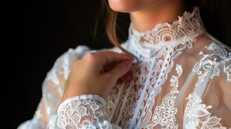 A charming close-up of a woman in a beautiful lace blouse, highlighting the intricate details and soft textures, perfect for fashion and beauty related themes.の素材
