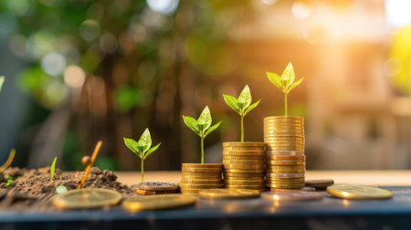 A serene scene depicting green plant sprouts growing from stacks of coins, symbolizing the connection between finance and nature in a bright, optimistic outdoor atmosphere.の素材