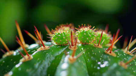 This image captures a close-up of a green cactus featuring sharp red spines. It highlights the intricate details and vibrant colors against a soft, blurred background, offering a stunning visual.の素材