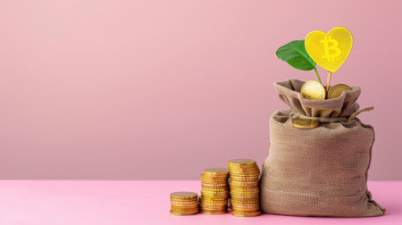 A money bag filled with Bitcoin and gold coins on a soft pink background symbolizes financial growth and cryptocurrency investment opportunities for modern investors.の素材