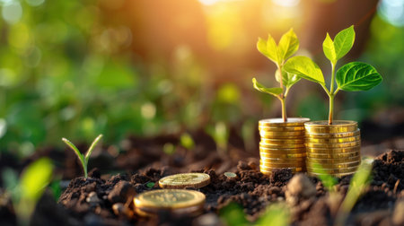 Inspirational image of green plants growing from stacks of coins, illustrating the synergy between nature and financial growth for sustainability and prosperity.の素材