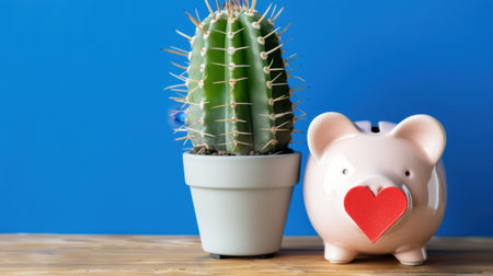 A charming piggy bank with a red heart sits next to a spiky cactus in a white pot, set against a vibrant blue background, symbolizing savings, investment, and growth.の素材