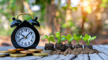 The image illustrates the concept of time management and growth, featuring an alarm clock, coins, and young plants symbolizing investment in the future.の素材