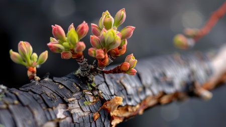 A close-up view of vibrant buds emerging from a charred branch, illustrating the beauty of nature's renewal process after a forest fire. Ideal for themes of growth and resilience.の素材