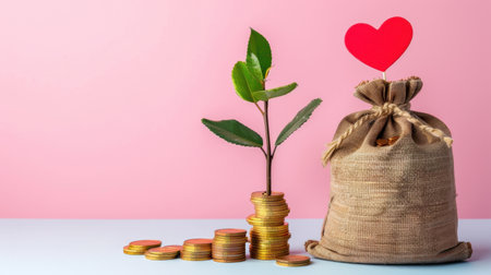A vibrant image depicting the growth of wealth, featuring a plant symbolizing prosperity, accompanied by coins and a heart, against a soft pink backdrop. Perfect for financial themes.の素材