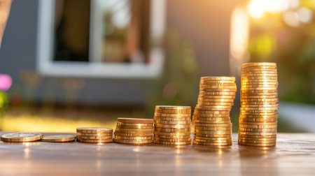 A visually appealing display of stacked coins illuminated by soft sunset light, representing financial growth and investment opportunities in a serene setting.の素材