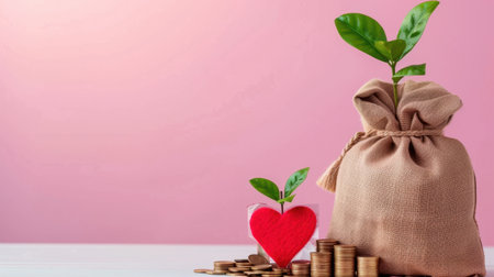 A visually appealing setup featuring a money bag and heart shape, both adorned with green plants, symbolizing growth in finances and personal investment against a pink background.の素材