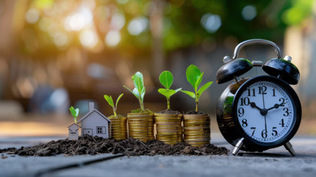This image represents the concept of investment and growth, featuring seedlings, coins, a house model, and an alarm clock, highlighting financial planning and future prosperity.の素材