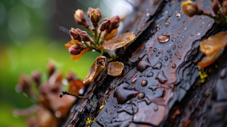 This close-up image captures the intricate texture of tree bark adorned with water droplets and budding leaves, showcasing the beauty of nature in a tranquil forest setting.の素材