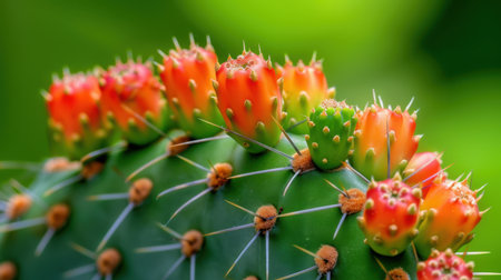 A striking close-up of a prickly pear cactus showcasing its beautiful red and green fruits against a soft green background, exemplifying nature's vibrant colors and textures.の素材