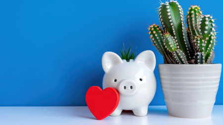 A charming piggy bank with a red heart sits next to a cactus in a modern pot, all against a bright blue backdrop, capturing themes of savings and financial growth.の素材