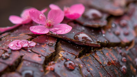 This captivating image showcases pink flowers and water droplets on a wooden surface, symbolizing natural beauty and tranquility, ideal for nature-themed projects and designs.の素材