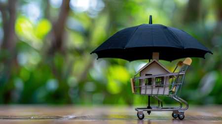 A miniature house sits in a shopping cart under a black umbrella, representing protection in real estate investments and financial planning within a vibrant outdoor setting.の素材