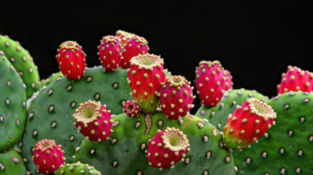 This image captures a beautiful prickly pear cactus adorned with vibrant fruits, showcasing intricate details and vivid colors against a dark background. Perfect for nature themes.の素材