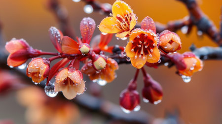 Discover the stunning beauty of spring with these vibrant blossoms adorned with raindrops, showcasing nature's intricate details and captivating colors in a serene setting.の素材