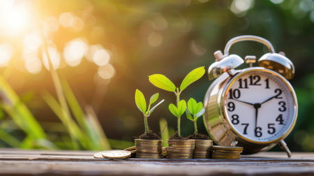 A symbolic image of green sprouts emerging from coins next to an old clock, highlighting the relationship between time and financial investments in a vibrant natural environment.の素材