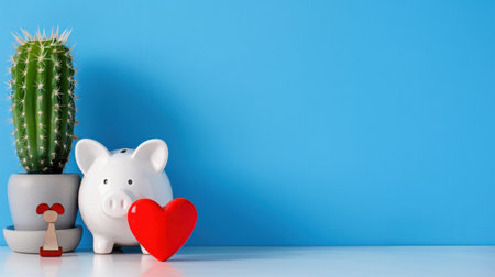 A charming scene featuring a piggy bank with a red heart next to a cactus, on a bright blue background. This image conveys themes of love and financial savings in a fun, inviting atmosphere.の素材