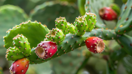 This image showcases a close-up view of a vibrant opuntia cactus fruit, highlighting its rich colors and unique textures against lush green leaves in a natural setting.の素材