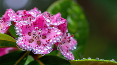 Captivating image of pink flowers adorned with water droplets, showcasing nature's beauty and detail, perfect for themes of freshness and springtime.の素材