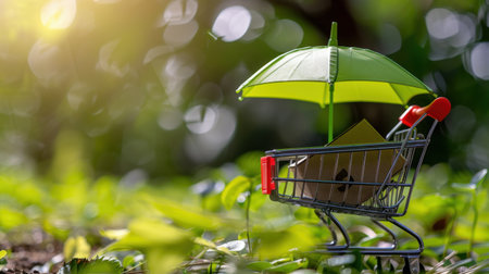 A unique scene of a miniature shopping cart featuring a green umbrella, symbolizing protection and creativity, set against a backdrop of vibrant greenery and soft sunlight.の素材