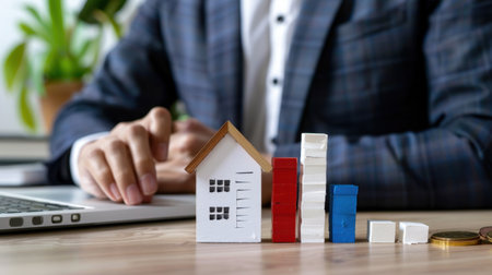 Businessman evaluates real estate market trends with a house model and growth metrics displayed on the table, portraying financial analysis and investment strategy insights.の素材