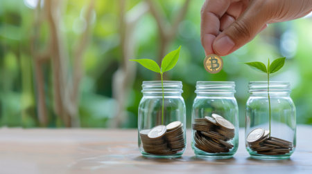 A hand holds a Bitcoin coin above a glass jar with coins and a growing plant, representing the relationship between cryptocurrency investment and financial growth amid a natural setting.の素材