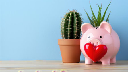 A charming pink piggy bank with a red heart sits beside a cactus in a pot on a wooden surface, creating a delightful and cheerful scene perfect for messaging about love and savings.の素材