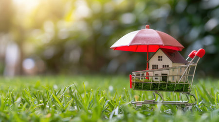 A unique arrangement showcasing a small house nestled in a shopping cart under a vibrant umbrella, representing real estate security and financial investment in a green environment.の素材