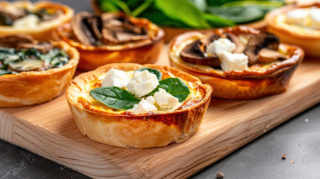 These mini quiches feature rich flavors of spinach and mushrooms, topped with creamy cheese, perfect for appetizers or brunch gatherings. Arranged beautifully on a wooden board.の素材