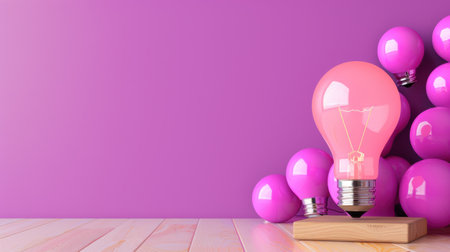 A vibrant pink light bulb on a wooden base creates a playful focal point against a purple backdrop, enhancing modern interior decor with creativity and warmth. Ideal for lighting concepts.の素材