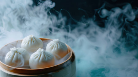 Steaming dumplings in a bamboo basket create an inviting culinary scene, surrounded by wisps of steam that enhance the aroma and visual appeal of this delicious dish.の素材
