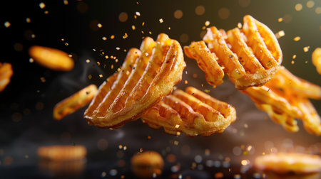 A striking image featuring fluffy waffle chips suspended in air, surrounded by sparkling particles. Ideal for food-related projects and marketing materials.の素材