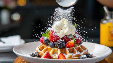A mouth-watering waffle adorned with a colorful array of fresh berries and creamy whipped topping, beautifully presented with a dusting of powdered sugar, perfect for any dessert menu.の素材