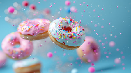 Explore a delightful scene of floating donuts adorned with colorful sprinkles and sweet decorations, capturing the essence of fun and indulgence in a light blue background.の素材