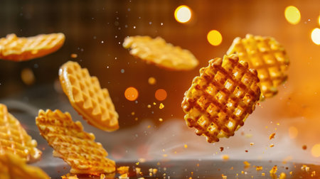 An artistic capture of golden waffles suspended in air, surrounded by a warm bokeh background, showcasing the texture and deliciousness for food lovers.の素材