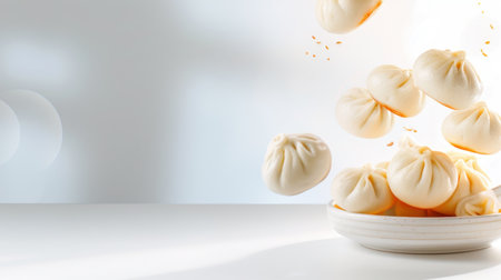 A captivating image of fluffy steamed dumplings suspended above a white plate, showcasing their soft texture and inviting appearance in an elegant kitchen setting.の素材
