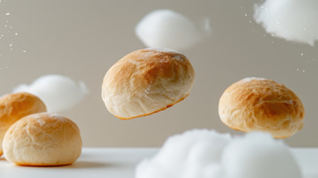 This captivating image features freshly baked bread rolls floating gracefully above a soft white background, accented by fluffy cotton clouds and gentle sparkles for a whimsical touch.の素材