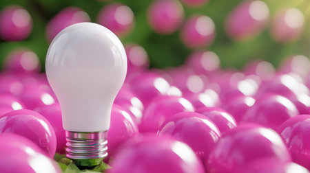 A bright light bulb stands out amidst a sea of colorful pink spheres, creating a playful and modern atmosphere perfect for inspiring creativity and innovative ideas in design projects.の素材