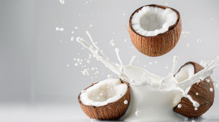 A vibrant image capturing fresh coconut chunks diving into creamy milk, creating dynamic splashes, perfect for culinary inspiration and healthy eating themes.の素材