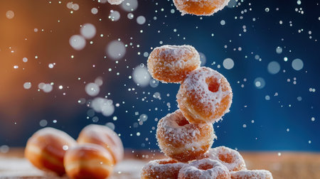 A captivating image of donuts suspended in the air, dusted with sugar, creating a playful and whimsical scene perfect for dessert lovers and food enthusiasts.の素材